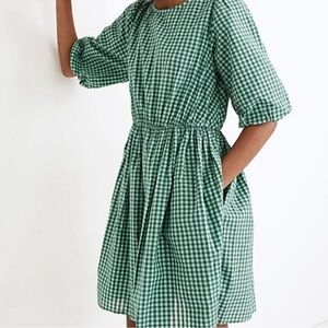 Madewell Gingham Crewneck Bubble-Sleeve Mini Dress